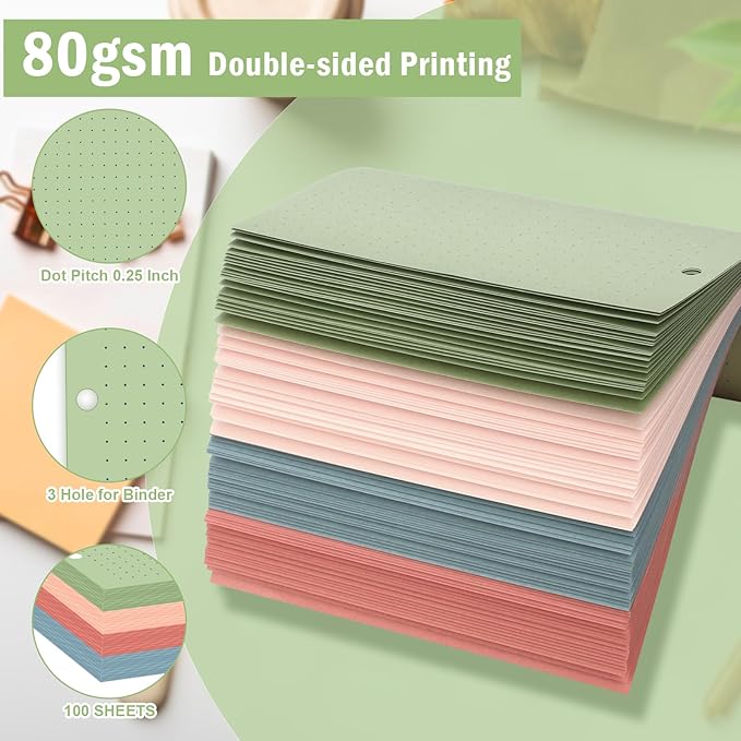 100 Sheets Half Letter 3 Hole Notebook Dot Grid Paper 5-1/2 x 8-1/2 Loose Leaf Paper for Mini Binder Colored Dotted Graph Paper Bulk Dotted Paper Refills for Planner Inserts for School Office
