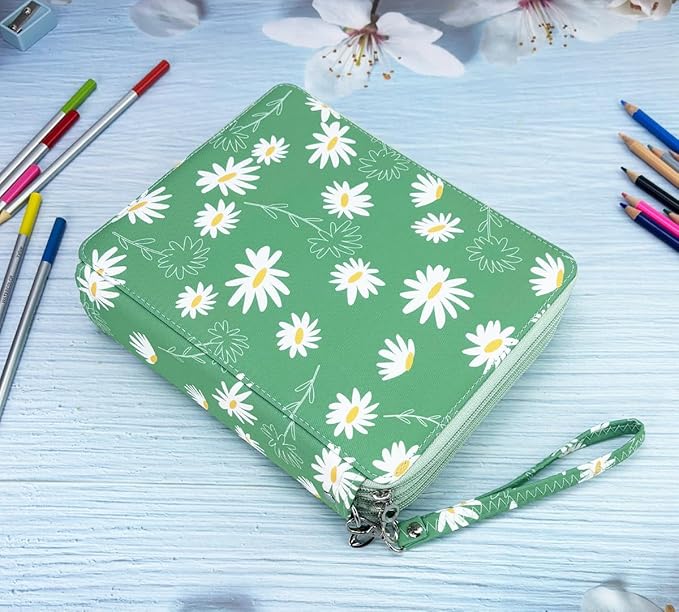 YOUNGCOL 120 Slots Colored Pencil Case Color Pencil Organizer Storage Large Capacity Pencil Case (Green + Sunflower)