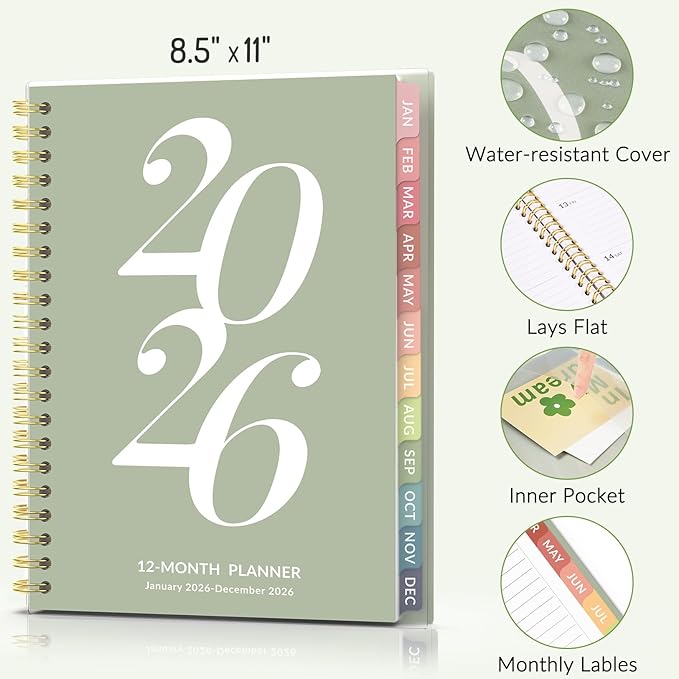 Forvencer 2026 Planner Weekly and Monthly, Jan - Dec 2026, 8.5” x 11”, Large Agenda Planner for Women, Aesthetic Calendar Planner with Spiral Bound, Month Tab, Flexible Cover for School, Office, Black