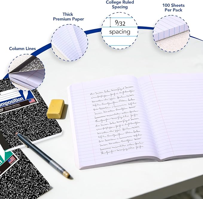 KAISA Composition Notebooks 100Sheets Comp Book, College Ruled, 9.75x7.5inch, Classic Marble Primary Composition Notebook, 20Pads, C10001C