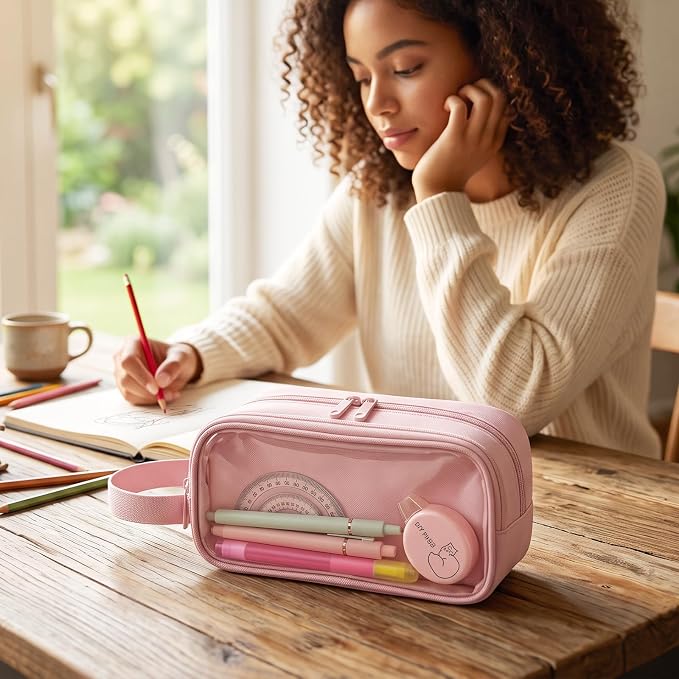 SUNEE Large Capacity Pencil Case with 3 Compartment, Extra Big Pencil Pouch, Pencil Bag with Clear Window, Pen Case School Supplies for Teens Adults Girls,Pink