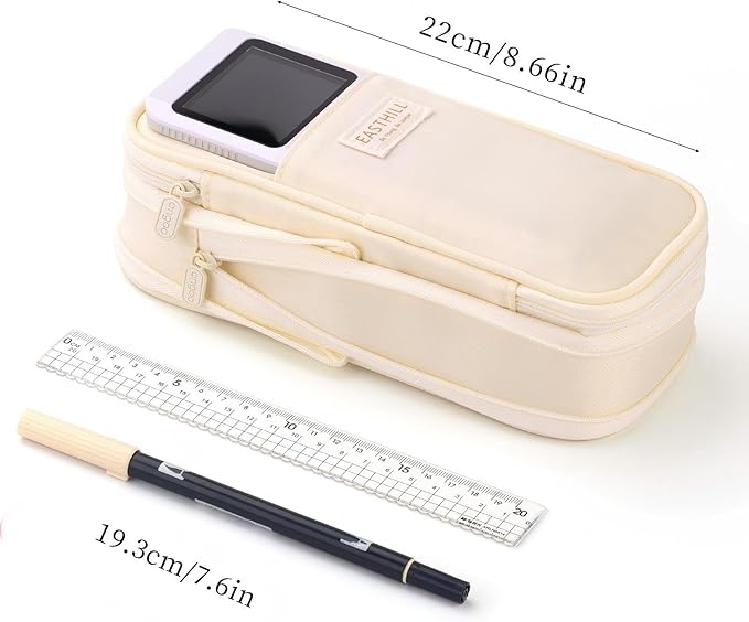 EASTHILL Big Capacity Pencil Case Large Pencil Pouch Stationery Pen Bag for Teen Girls-Cream