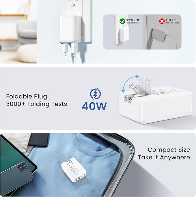 40W Flat USB C Wall Charger, 4Ports Foldable & Slim Fast Charging Blocks, Multiport Type C Cube Box Power Adapter Plug, Boxeroo USB C Charger Block Brick for iPhone Samsung Tablet Pixel (White)