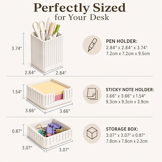 Desk Organizer Set of 3 for Office Accessories - Includes Pen Holder, Paperclip Storage, and Sticky Note Holder - Aesthetic Concrete Desktop Accessories for Women or Men, Office Decor (White)