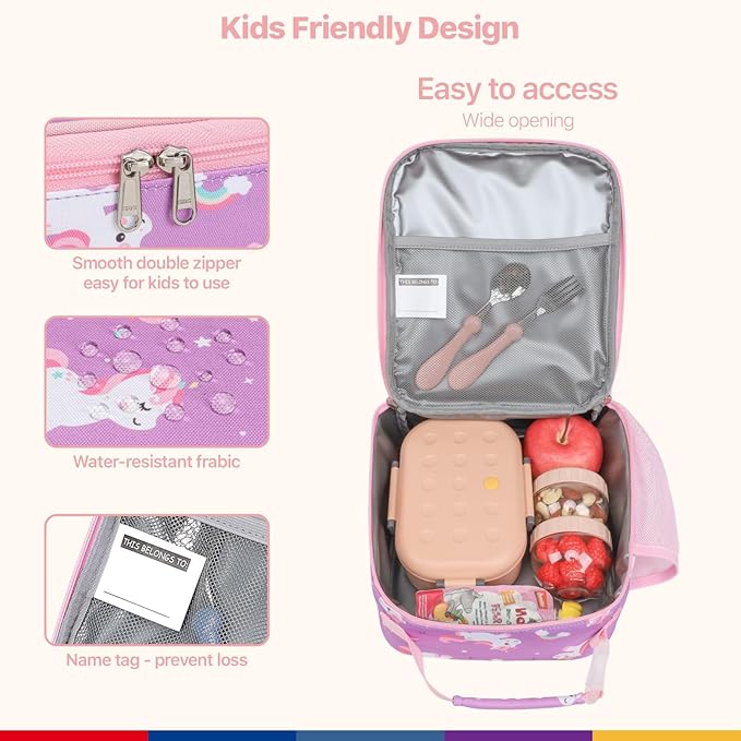 Bagseri Kids Lunch Box for Girls - Insulated Toddler Lunch Bag Fits Bento Box, Reusable Daycare Cooler Tote with Clip Handle, Water-Resistant Lining, Purple Cute Unicorn