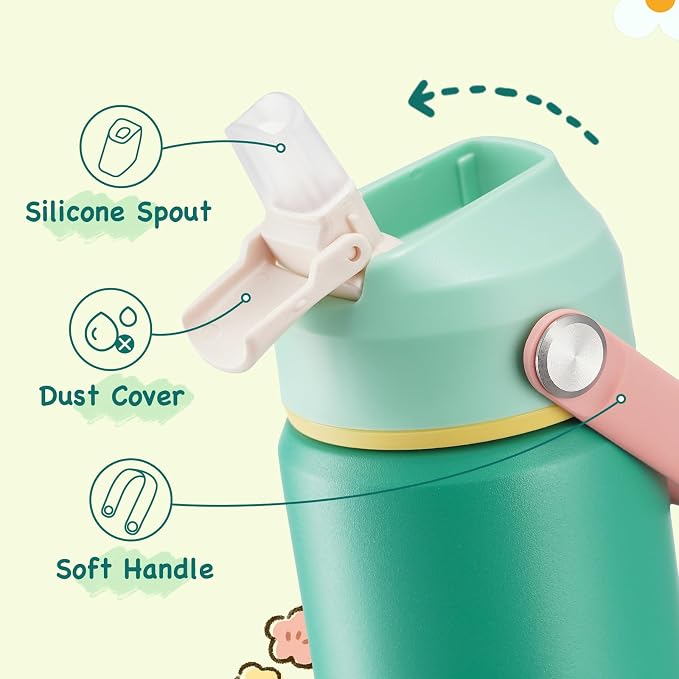 Kerilyn 12oz Water Bottle, Stainless Steel Insulated Water Bottle with Straws Leak-Proof, Water Cup Double Wall Vacuum, BPA Free, Grove
