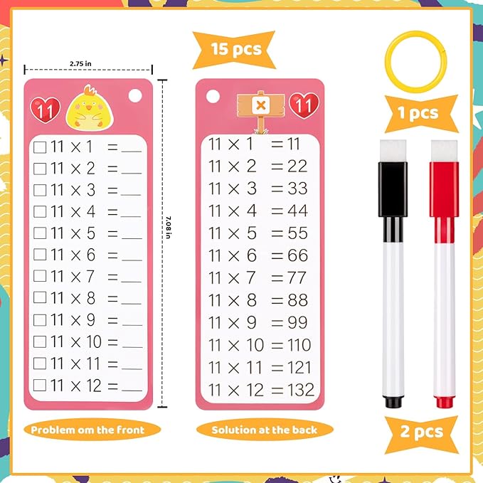 60Pcs Multiplication Division Addition and Subtraction Flash Card, Math Flash Cards with 8 Dry Erase Pens 4 Rings, Time Table Flash Cards for 1st to 3rd Grades Fun Learning with Math Game