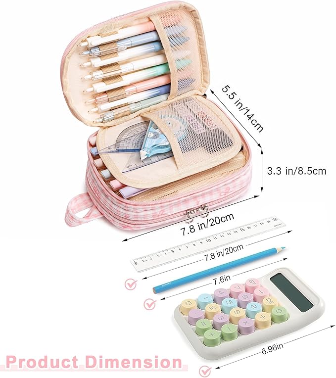 LEDAOU Pencil Case Cute Zipper Pencil Pouch Large Capacity Pencil Bag Organizer School Supplies for Girls Boys Kids (Pink Checkered Bow)