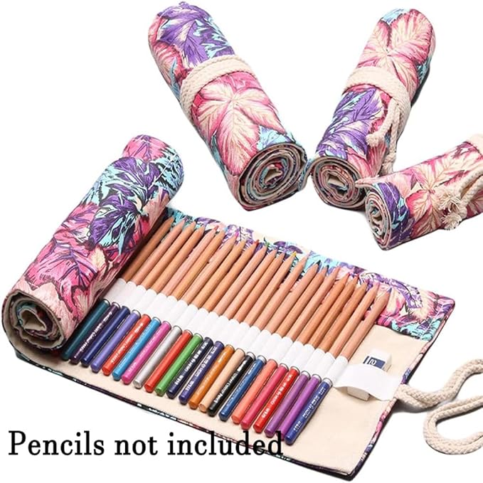 DIYOMR 24/36/72 Slots Pencil Wrap Pencil Rolls, Artist Colored Pencils Roll Up Bag Short Brushes Pouch Case Pencils Organizer for Drawing Coloring and Sketching (Maple Leaves, 36slots)