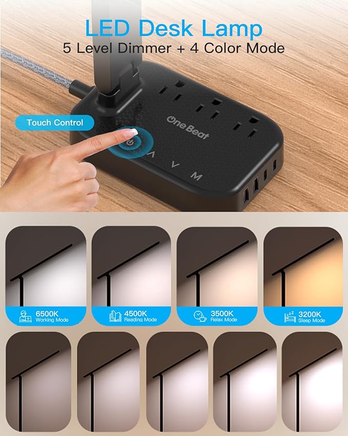 One Beat Small LED Desk Lamp Power Strip 5ft Extension Cord with 3 Outlets 4 USB Ports(2 USB C), 4 Modes, 5 Level Touch Lamp Study Reading Light, Home Office Bedroom College Dorm Room Essentials,Black