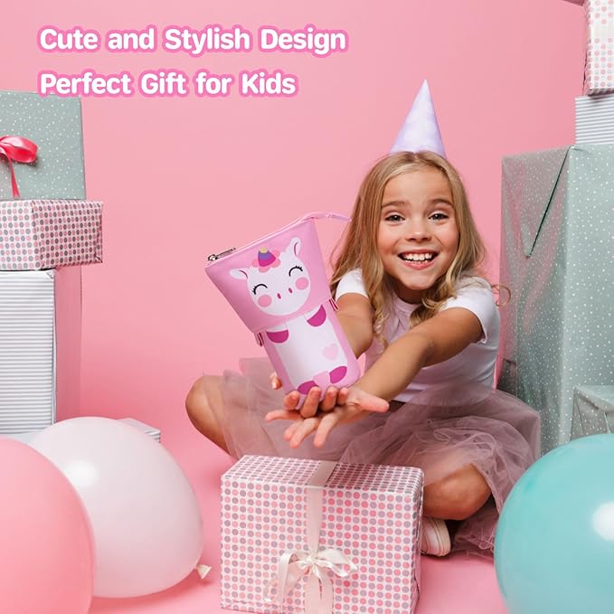 Standing Pencil Case Girls - Telescopic Pouch for Kids, Cute Kawaii Pencil Case for Girls, Big Capacity Stand Up Pencil Pouch for Kids, Pink Unicorn