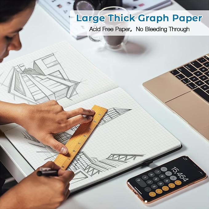 3 Pack Graph Paper Notebook, Hardcover Notebook 8.5 x 11, Grid Notebook Journal for Women, Men, Large Leather Journals for Writing, Thick Paper, A4 Notebooks for Work, School Supplies, Engineering