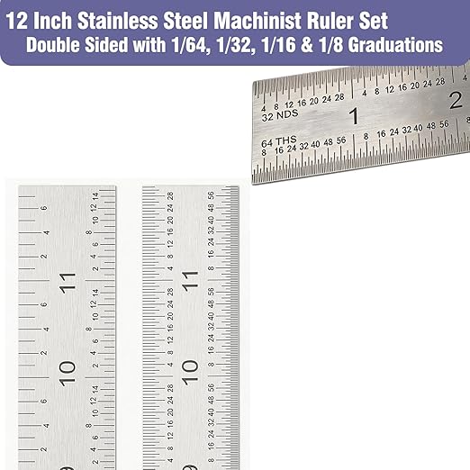 12 Inch Machinist Ruler Set - Stainless Steel Precision Double Sided Ruler with 1/64, 1/32, 1/16 & 1/8 Inch Graduations, Etched Markings - for Engineers,Woodworking and DIY (1, 12 Inch)