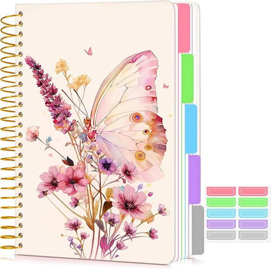 5 Subject Notebook College Ruled 240 Pages, A5(5.8"x8.3") Hardcover Spiral Notebook with Removable Dividers Tabs, Lined Spiral Journal Notebook for Women, Notebooks for Work School，ButterflyBouquet