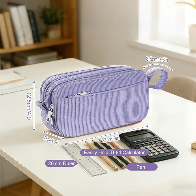 TESAFNG Corduroy Pencil Case, Large Capacity Pencil Pouch with 4 Compartments, Cute Soft Aesthetic Stationery Pen Bag Organizer with Zipper, Portable School Supplies for Teen and Adult Girls, Purple