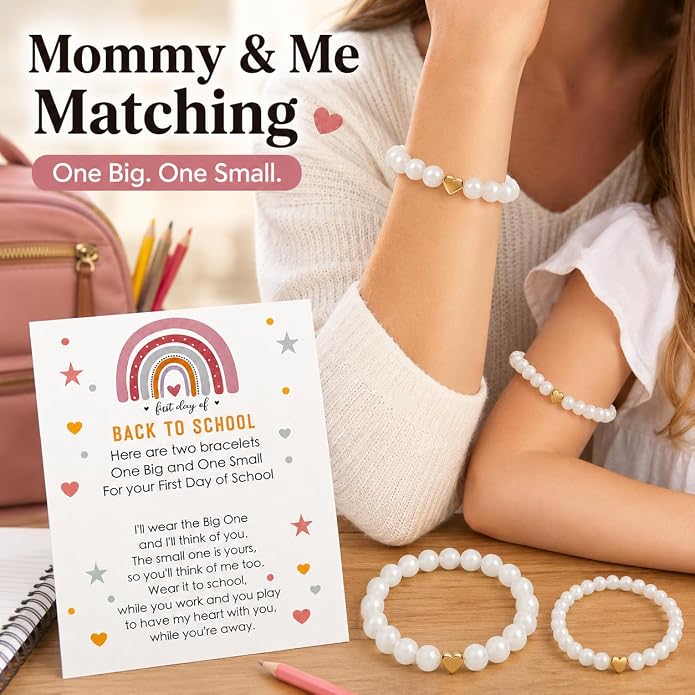 Back to School Bracelets Heart Matching Mommy and Me Elastic Wish Strings Bead Bracelets First Day of School Supplies Gifts