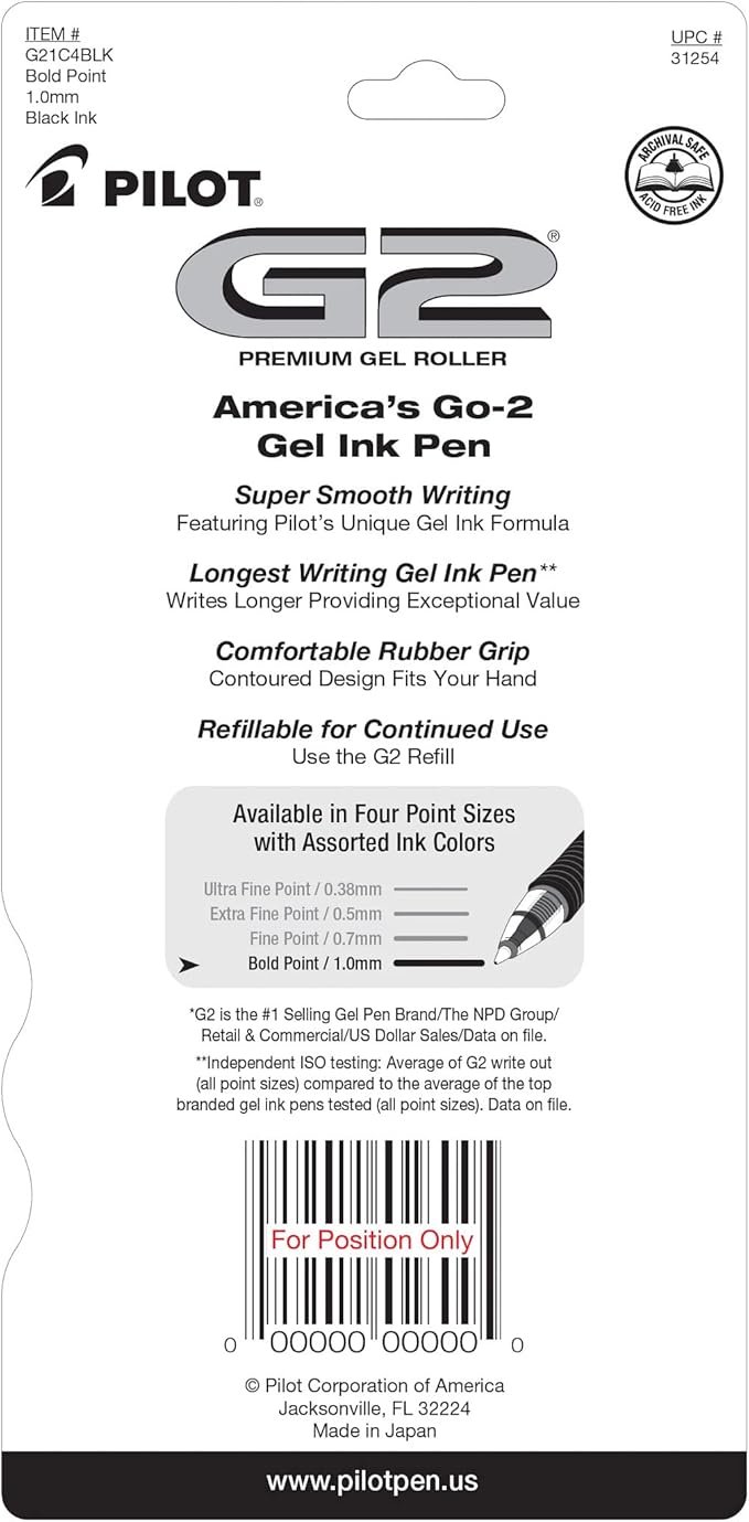 Pilot G2 Premium Refillable & Retractable Rolling Ball Gel Pens, Bold Point, Bold Gel Pens, 1.0 mm, Black Ink, 4-Pack