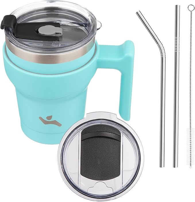Konokyo 10 oz Tumbler with Handle and 2 Straw 2 Lid, Insulated Water Bottle Stainless Steel Vacuum Cup Reusable Travel Mug,Turquoise