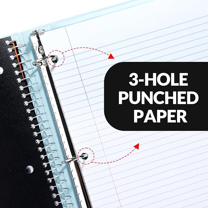 SUNEE 5 Subject Notebook College Ruled - 400 Pages, 9"x11", 5 Pocket Colored Dividers, 3-Hole Punched Paper, Black