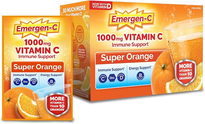 Emergen-C 1000mg Vitamin C Powder for Daily Immune Support Caffeine Free Vitamin C Supplements with Zinc and Manganese, B Vitamins and Electrolytes, Super Orange Flavor - 30 Count