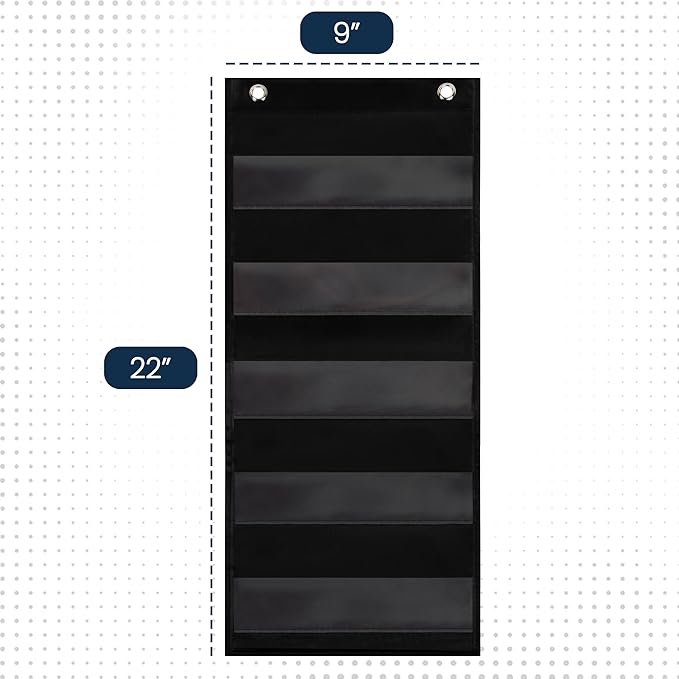 Essex Wares - 9" Wide x 22" Tall Pocket Chart, Black - Sturdy Pocket Chart for Classroom for Sentence Strips - Easy to Use & Hang, Reusable Black Pocket Chart