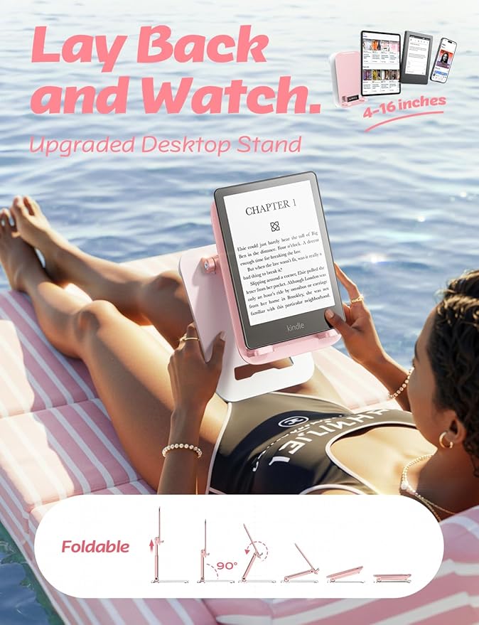 LISEN Tablet Stand for iPad Stand Holder Desk, Foldable Home Office Desk Accessories Travel for iPad Holder Dorm College Essentials Portable Monitor Stand Fits Tabs Kindle iPhone 4-15.9" Black (Pink)