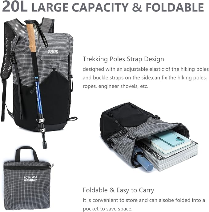 20l Hiking Backpack For Women&Men, Water Resistant Daypack Backpacks, Foldable & Packable Hiking Backpack, Lightweight Small Daypack For Travel Camping (Grey)