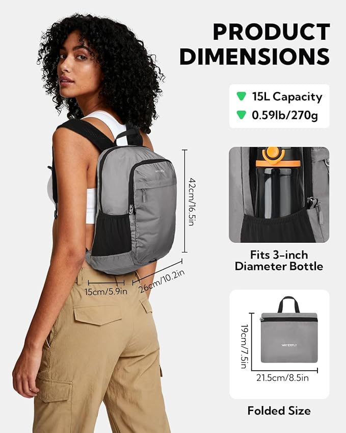 WATERFLY Small Packable Travel Backpack: 15L Lightweight Hiking Daypack | 0.59 lb,Water-Resistant Nylon,Breathable Straps,Reflective Strips,Phone Pocket,Multi-Pockets,Hiking,Cycling,Commute,Men Women