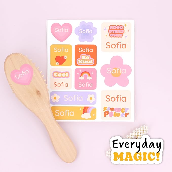 Camp Name Labels for Kids (33) – Personalized Stickers & Daycare Labels – Waterproof for Water Bottles, Lunch Boxes & School - Flower Power