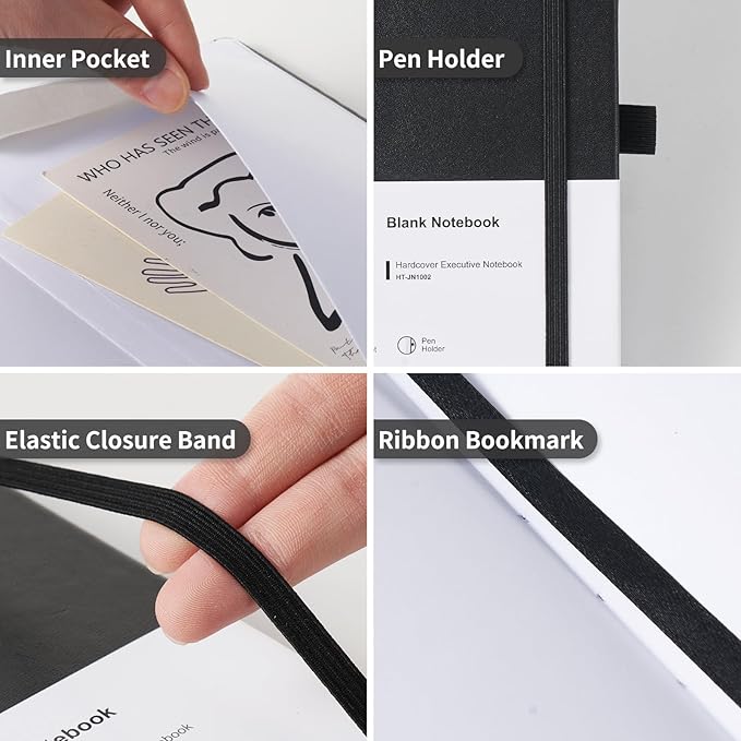 Heture Hardcover Notebooks, A5 Blank Notebook for Writing 160 Pages, 8.2 x 5.5 inch, Classic Blank Notebooks for College/Work/Travel (Blanked-1 Pack, Black)