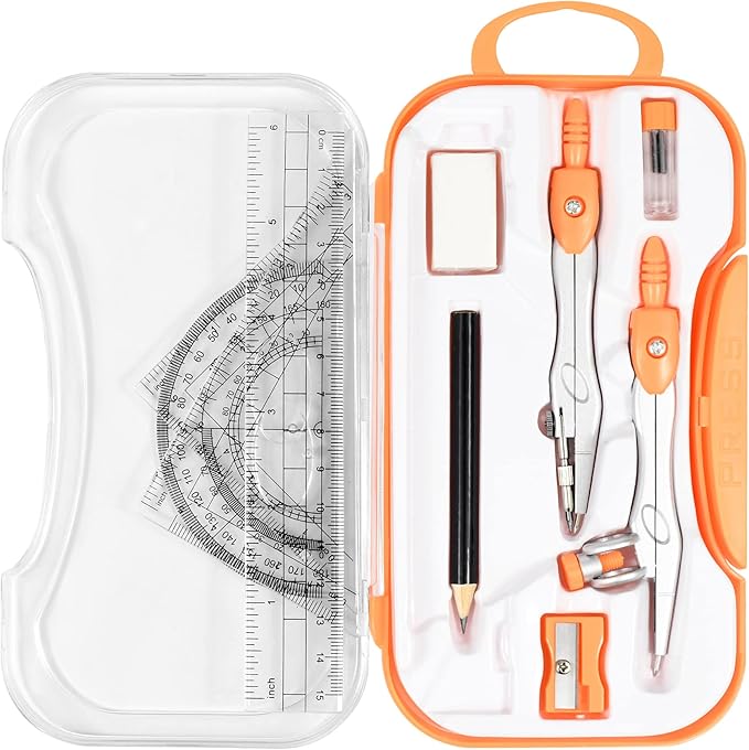 Vobou 10 Pieces Math Geometry Kit Set Student Supplies with Shatterproof Storage Box,Includes Rulers,Protractor,Compass,Eraser,Pencil Sharpener,Lead Refills,Pencil,for School and Drawings（Orange）