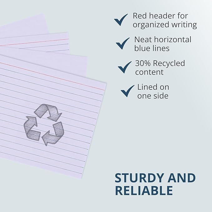 Roaring Spring Recycled Index Cards 4"x6", 100 Count, Smooth 100# White Recycled Index Paper, Ruled on Front, Blank on Back