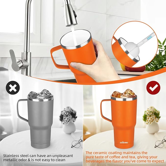 20 oz Insulated Coffee Mug with Ceramic Coating, Stainless Steel Travel Mug Tumbler with Handle Lid and Straw, Double Wall Leak-Proof Coffee Travel Mug Keeps Drink Hot and Cold (Orange)