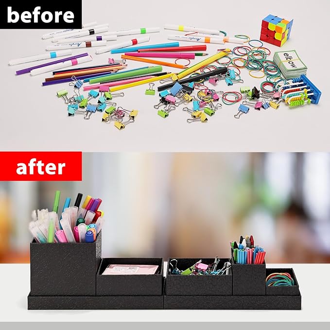 Desk Organizer,Office Desk Accessories,Paperboard Desktop Organizer with Pen Pencil Holder and Sticky Note Tray,Paperclip Storage, Black