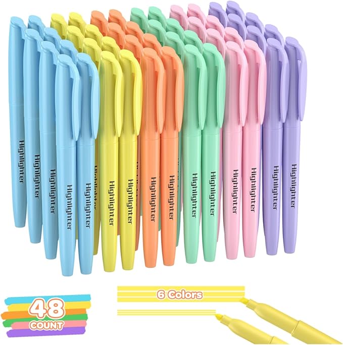 48 Count Pastel Highlighters Bulk - 6 Assorted Soft Colors, Chisel Tip, No Bleed & Quick Dry, Ideal for Note Taking, Studying, School, Office, Student & Teacher Supplies