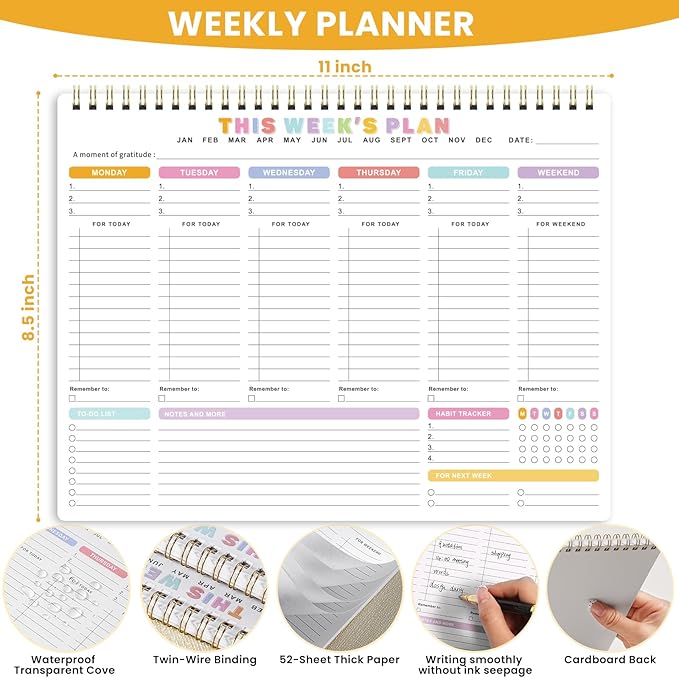 Weekly To Do List Notepad - Weekly Planner Notepad with 52 Undated Sheets（8.5"×11"), Undated To Do List Notepad for Office Desk Accessories and Supplies, School & Home, Waterproof Cover
