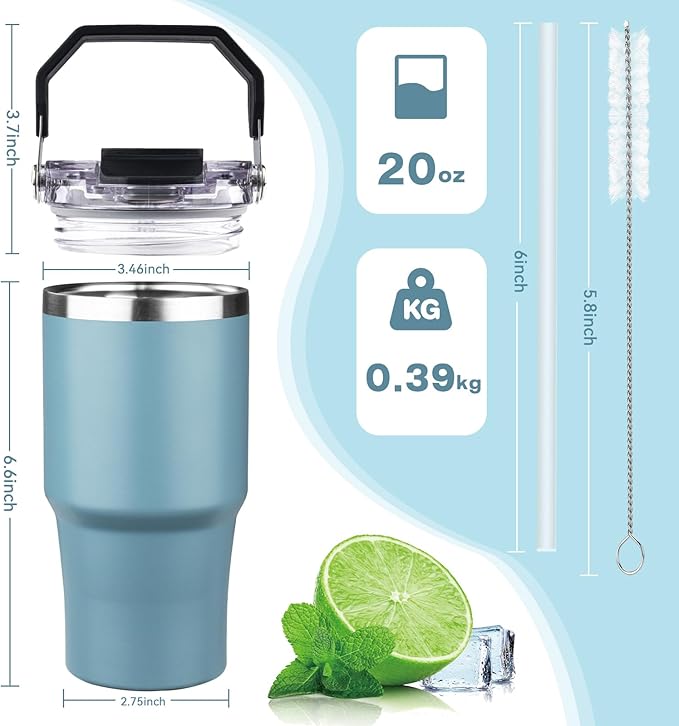 20oz Tumbler with Handle and Flip Straw Lid Double Wall Insulated Travel Coffee Mug Stainless Steel Vacuum Insulated Coffee Tumbler Cup for Hot and Cold Beverages,Leak-proof (20oz,Glacier blue)