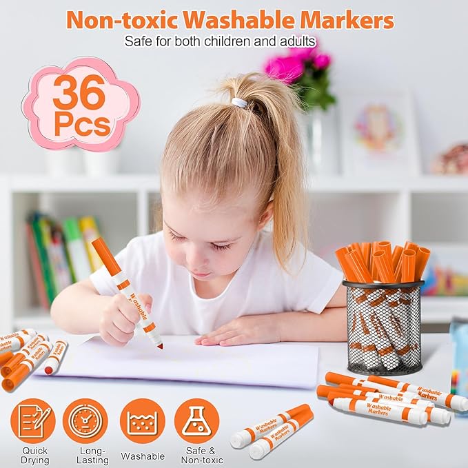 36 Pcs Orange Washable Markers Bulk Coloring Broad Line Markers for Kids Conical Tip Drawing Pen for Christmas, School Supplies, Travel Art Baby Shower Gender Reveal Party Supplies, Ages 6+