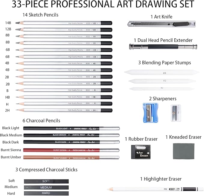Drawing Sketching Pencil Set, 33 PCS Graphite and Charcoal Pencils with Blending Stumps, Erasers, Art Knife & Pencil Extender in Metal Box, Artist Sketching Supplies for Drawing & Shading