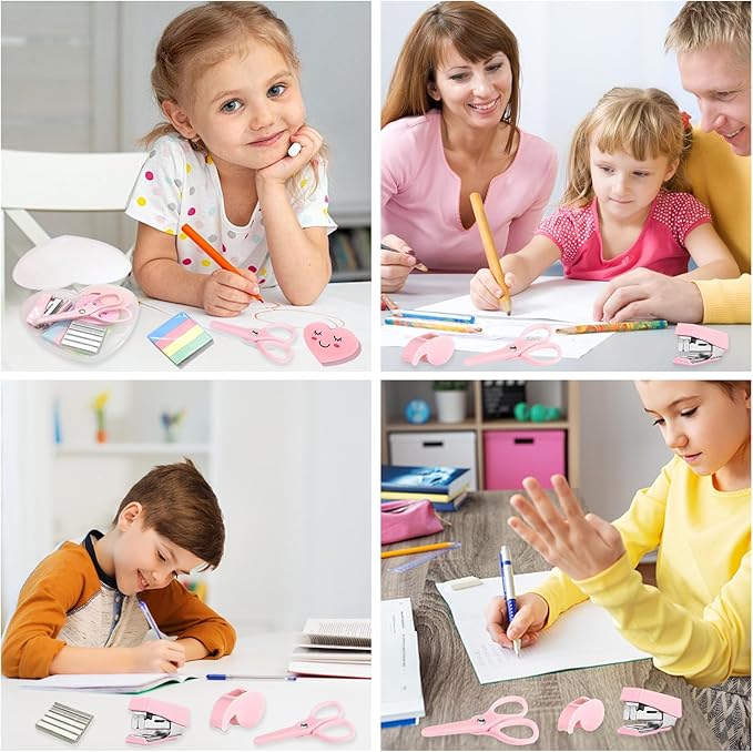 6 Pack Mini Office Supply Kits Mini School Supplies – Includes Mini Stapler,Scissors, Note Paper, Eraser, Tape Dispenser (Heart)
