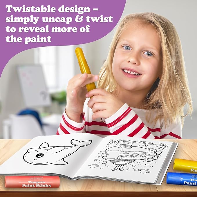 EXTRIC Tempera Paint Sticks for Kids – 24 Twist Crayons in  Vibrant Colors 12 Classic, 6 Metallic, 6 Neon | Mess Free, Quick Dry, Washable Solid Paint  kids + Bonus 50 Page Coloring Book