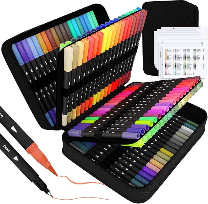 sunacme Art Supplier Dual Brush Markers Pens, 110 Artist Coloring Marker Set, Fineliner & Brush Tip Pen with Premium Case for Adults Coloring Books & Journal, Drawing, Doodlin