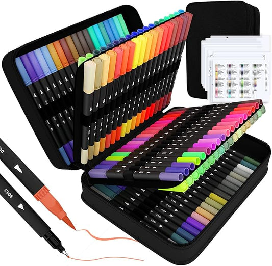 sunacme Art Supplier Dual Brush Markers Pens, 110 Artist Coloring Marker Set, Fineliner & Brush Tip Pen with Premium Case for Adults Coloring Books & Journal, Drawing, Doodlin