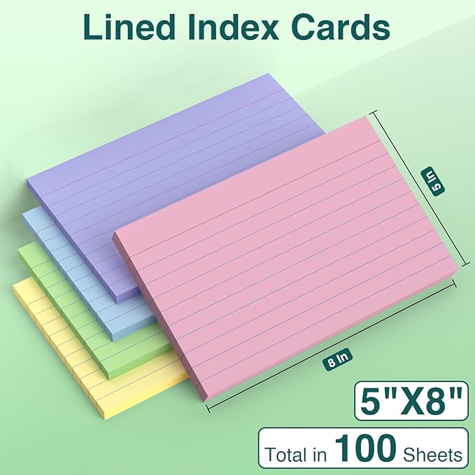 Index Cards 5x8, 100 Sheets, Ruled Color Flash Cards for Effective Studying and Note-Taking, Premium Note Cards, Essential School Supplies for College & Office, Home Organization & Study Supplies