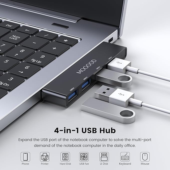 MOGOOD USB Hub 3.0, 4-Port USB Splitter – No Cable, Ultra-Slim, Adds 4 Ports to Your Laptop in Seconds – Plug & Play Data Hub for Mouse, Keyboard, Flash Drive, Printer