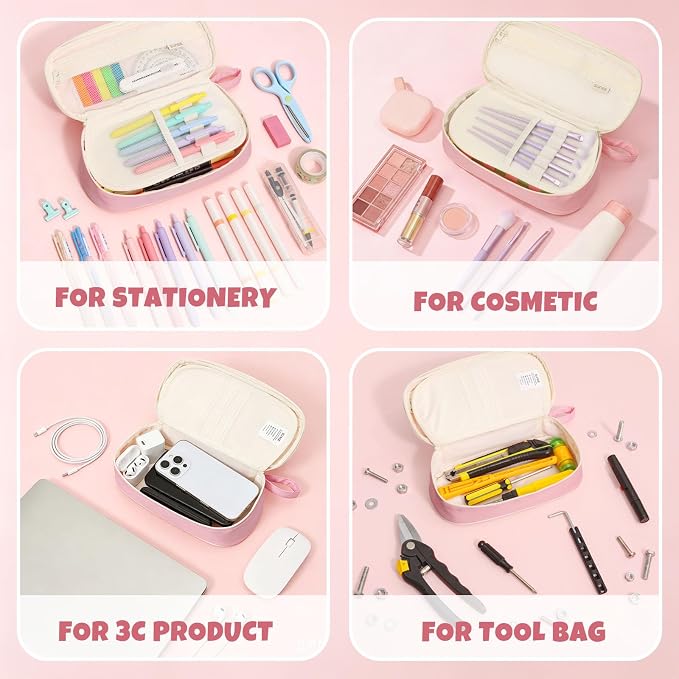 SUNEE Cute Pencil Case, Kawaii Big Capacity Pencil Pouch, Personalized Initial Pencil Bag with Zipper, Stationery Storage and Organizer, Back to School Supplies, Pen Box for Girls & Boys, Teen, K-Pink