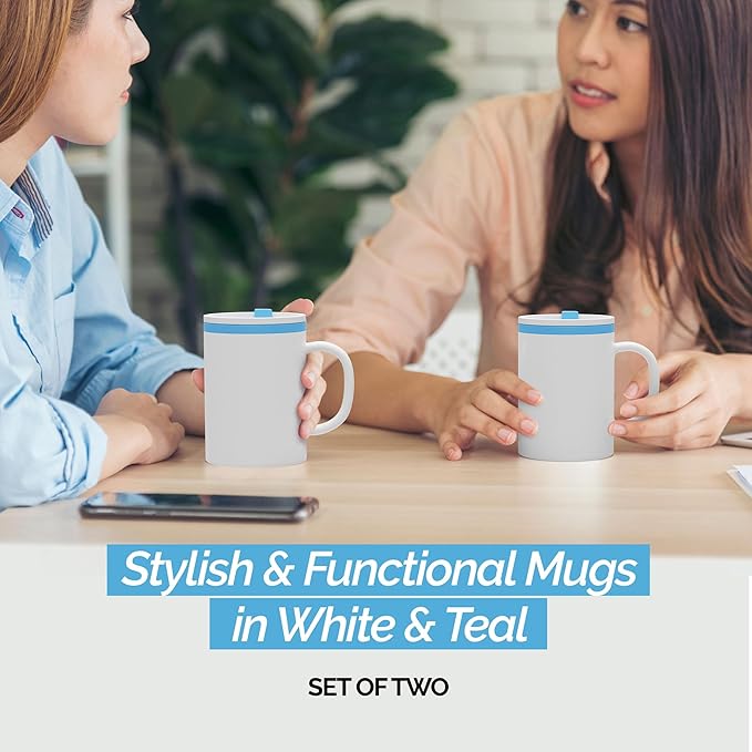 Copco Iconic 16oz Double Wall Insulated Desk Mug with Lid & Handle, Set of 2, BPA-Free Reusable Plastic, Spill-Resistant, Microwave & Dishwasher Safe, Wide Mouth (Teal)