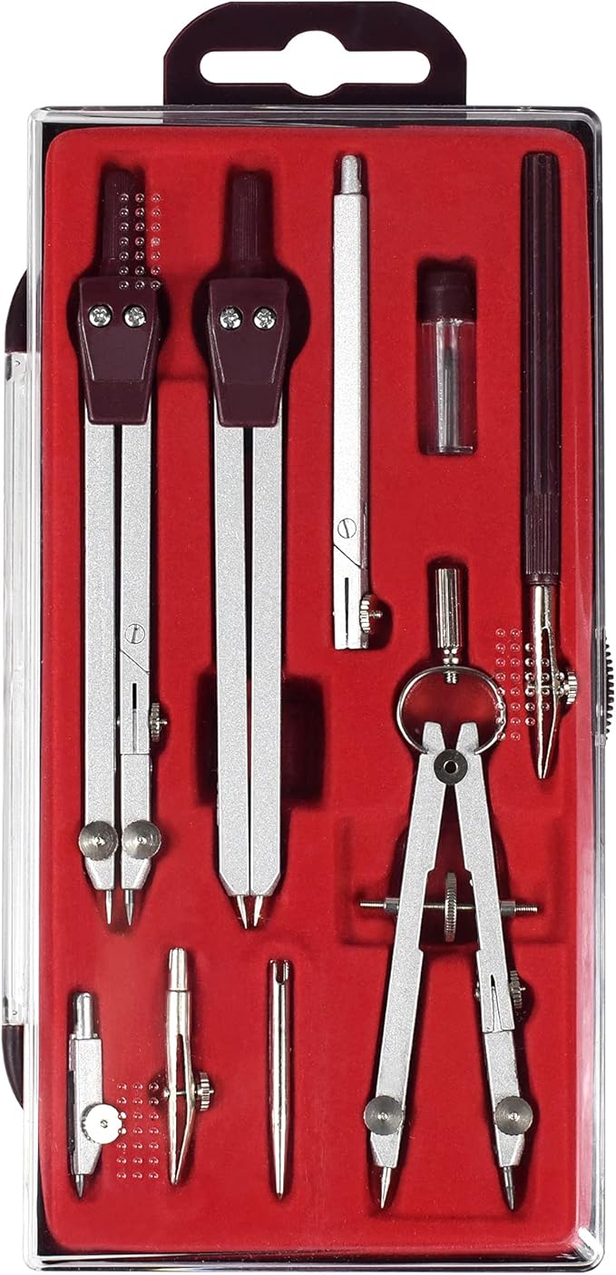 UNJOO Drawing 9Pc Geometry Set Metal Compass, Geometry Precision Tool for Student, Circle Drawing Tool and Architecture, Drafting Kits for Engineer with Shatterproof Storage Box (Red)