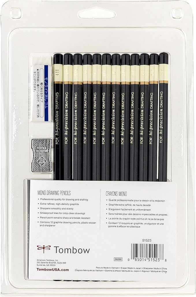 Tombow 51523 MONO Drawing Pencil Set, Assorted Degrees, 12-Pack. Professional Quality Graphite Pencil Set with Eraser and Sharpener