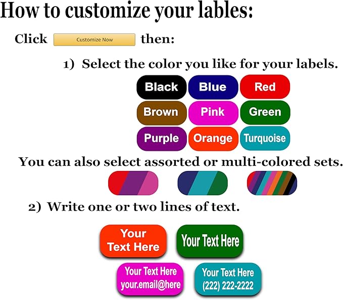 24 Large Personalized Waterproof Name Labels. Press and Stick Multi use Custom Name Labels. Customized 2 Lines of Text and Color. ID Identification Name Stickers with Permanent Self Adhesive.